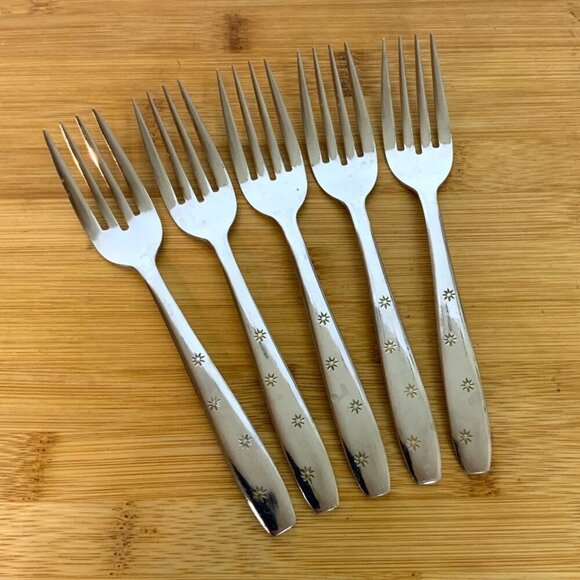 Vintage Seibu Starburst Pattern 5 Salad Forks Stainless Steel Mid Century Japan - Picture 1 of 4
